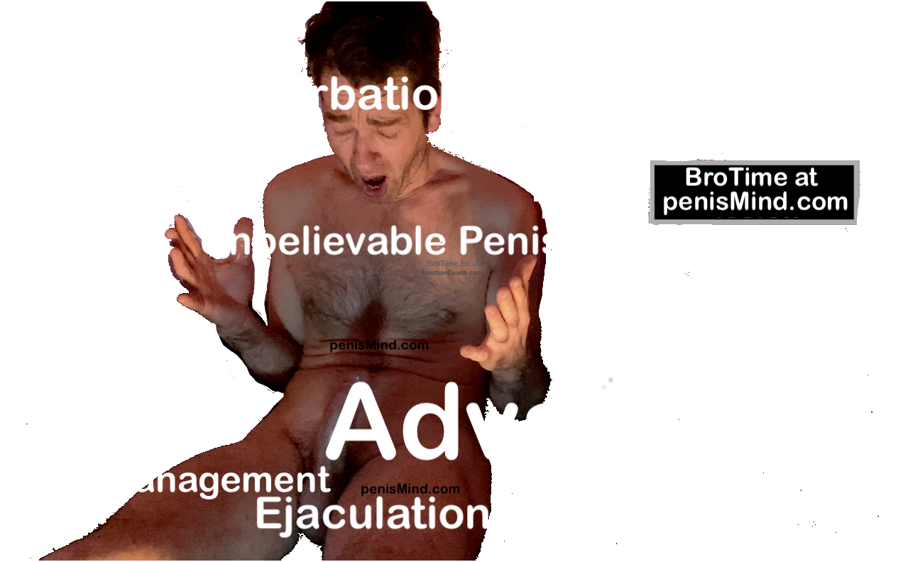 Naked man - the erection coach looking at his erect penis partially obscured by text with a euphoric expression of utter disbelief at the pleasure coming from his genitals